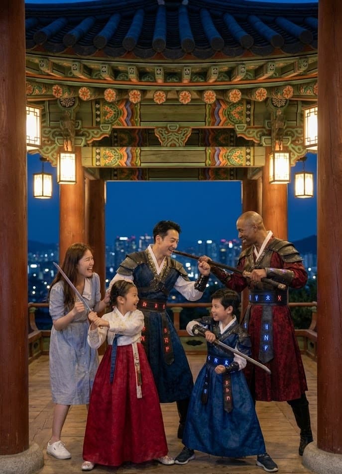 A family posing as Korean warriors in a traditional pavilion at night